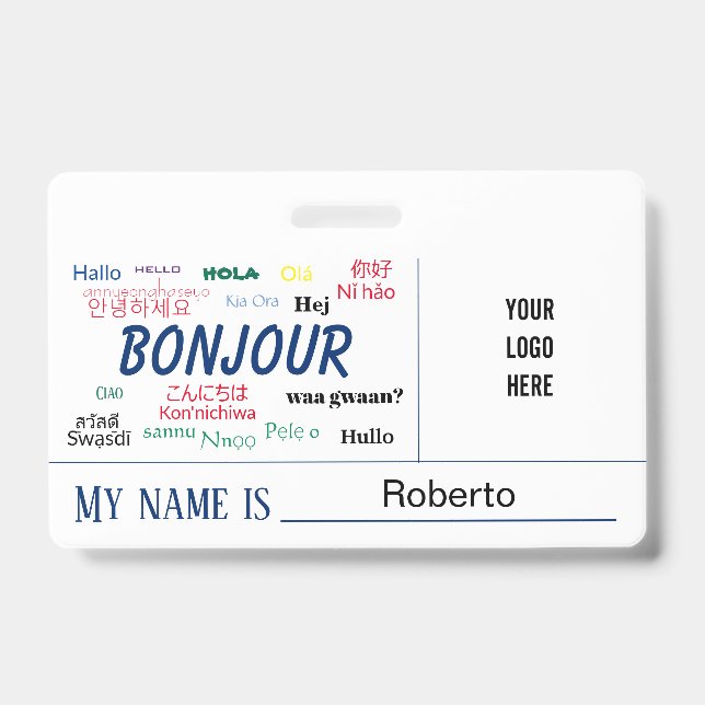 Crachá Bonjour Hello World Muitos idiomas Nome do logotip (Frente)