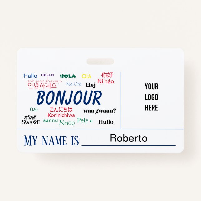 Crachá Bonjour Hello World Muitos idiomas Nome do logotip (Frente)