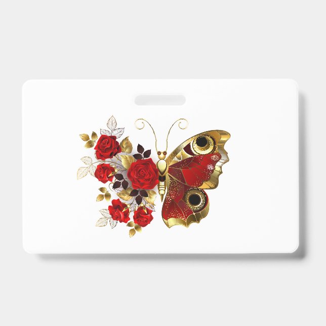 Crachá Borboleta de flor vermelha com rosas vermelhas (Frente)