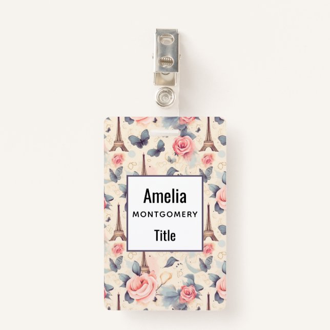 Crachá Borboleta e padrão de Rosas da Torre Eiffel (Frente com Clipe)