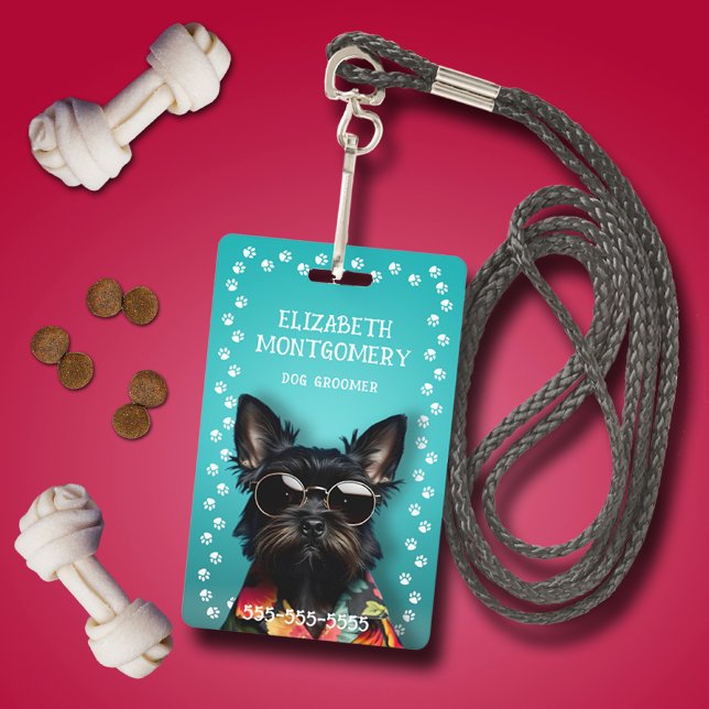 Crachá Borda de Impressão do Motograma do Cão (Dog Groomer Paw Print Border Identification Badge)