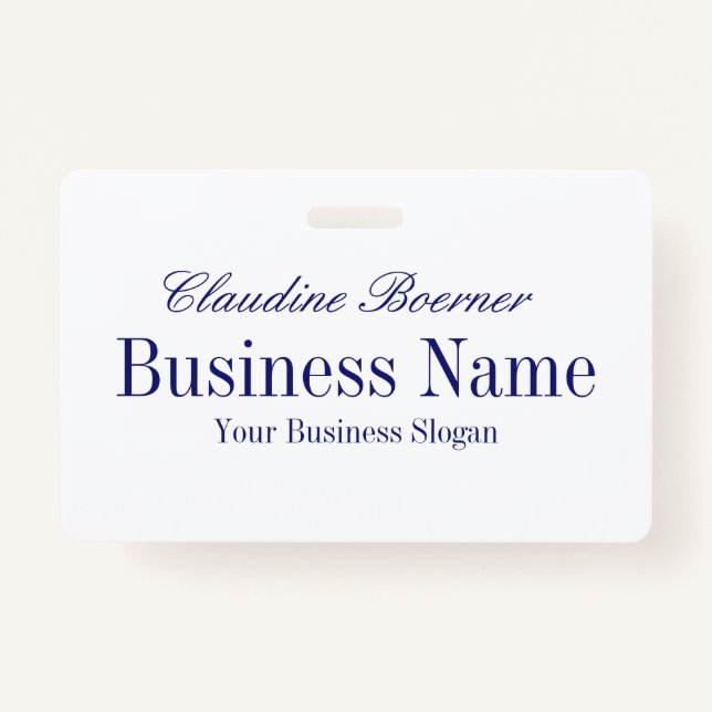 Crachá Branco com texto azul da meia-noite - ambos os (Frente)