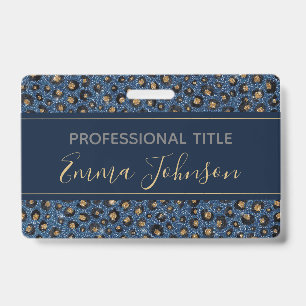 Crachá Brilho Azul Elegante Preto Dourado Impressão Leopa