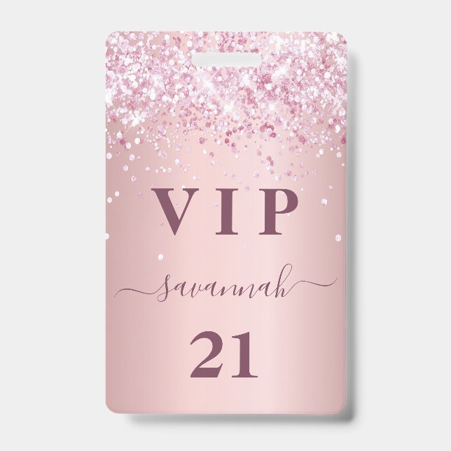 Crachá Brilho rosa glitter para nome vip de aniversário (Frente)