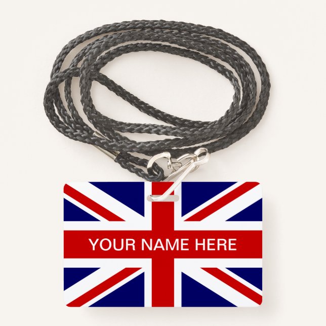 Crachá British Union Jack flag personalized name (Frente com cordão)