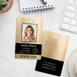 Crachá Business Employee Photo Faux Brushed Gold Black ID
