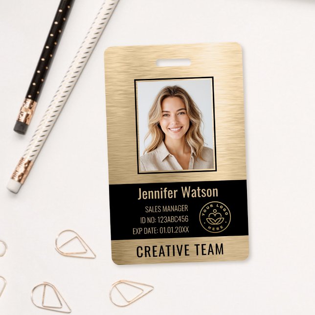 Crachá Business Employee Photo Faux Brushed Gold Black ID (Criador carregado)