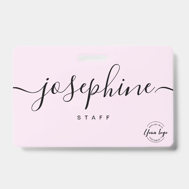 Crachá Business logo Custom script name pink staff (Frente)