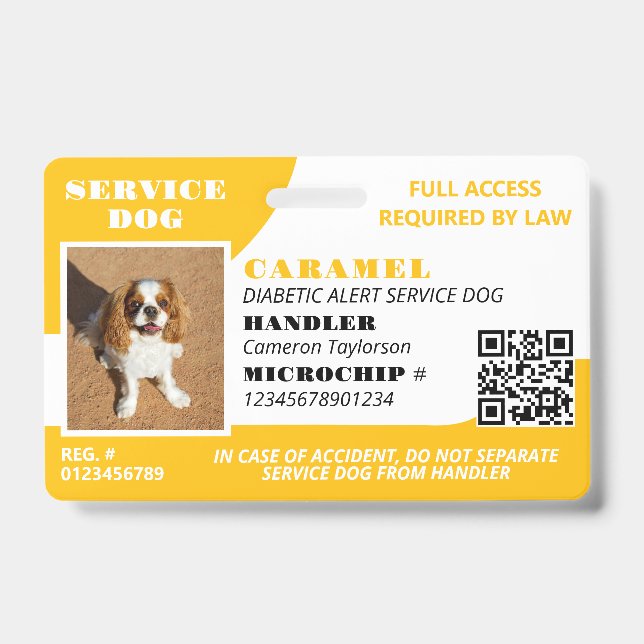 Crachá Cachorro de Serviço Branco Amarelo Código QR de Id (Frente)