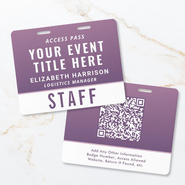 Crachá Cadalete de Acesso de Identificação de Evento Roxo (Modern QR Code Purple Event Access ID Badge)