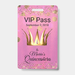 Crachá Cadeado VIP de Quinceañera Rosa Glam com Coroa Dou