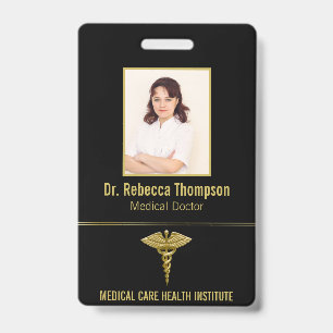 Crachá Caduceu de Ouro Médico Elegante em ID de Foto Pret
