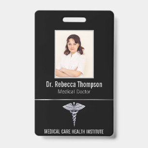 Crachá Caduceu de Prata Médico Elegante em ID de Foto Pre