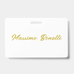 Crachá Caligrafia Elegante Dourado Branco Simples Nome