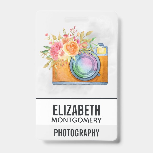 Crachá Câmera Laranja Boho e Buquê Floral Aquarela (Frente)