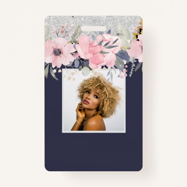 Crachá Carta Floral Cor-de-Rosa, Bonito, design (Frente)