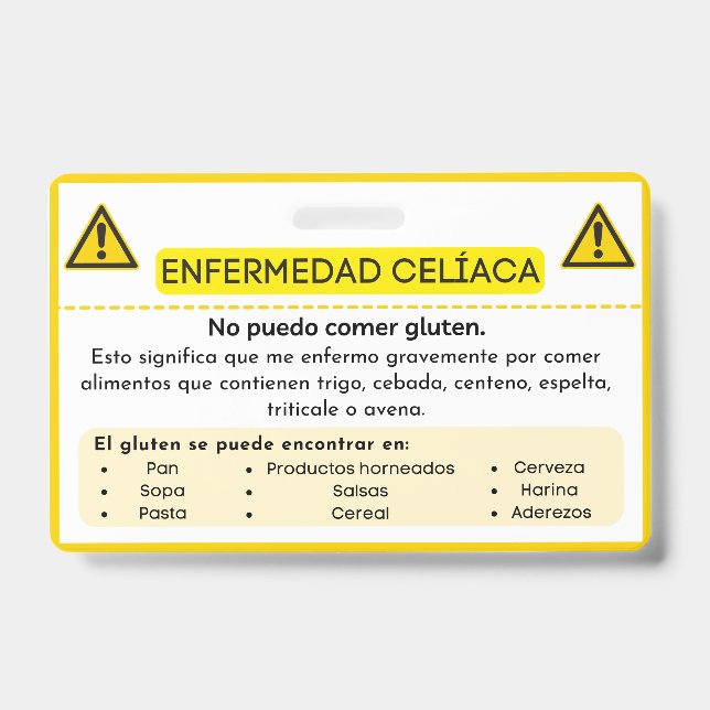 Crachá Cartão de Alerta para a Alergia do Glúten (Frente)