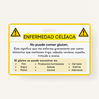 Crachá Cartão de Alerta para a Alergia do Glúten