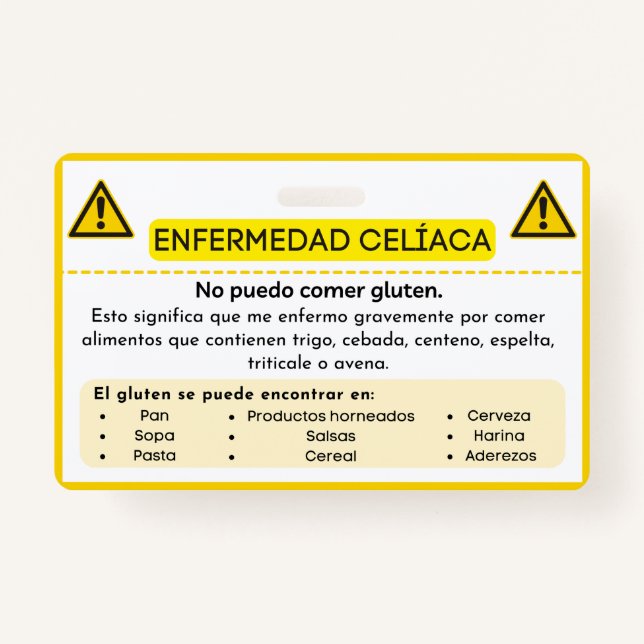 Crachá Cartão de Alerta para a Alergia do Glúten (Frente)