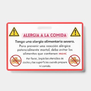 Crachá Cartão de Chef de Alerta de Alergia a Peanut em Es
