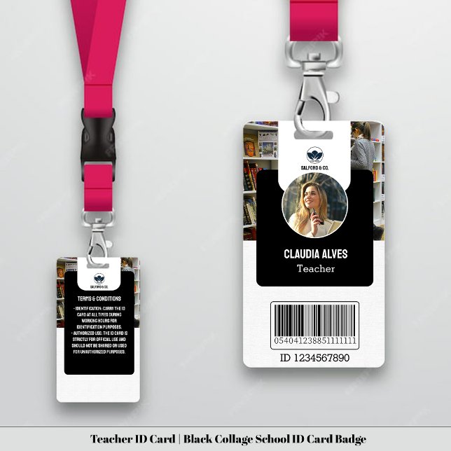 Crachá Cartão de identidade simples do professor | Black  (Teacher ID Card | Black Collage School ID Card Badge)