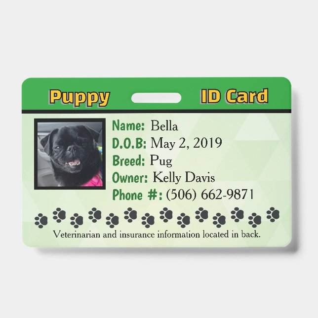 Crachá Cartão de identificação de cachorro - Verde (Frente)
