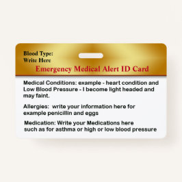 Crachá Cartão de Identificação de Contatos Médicos de Eme