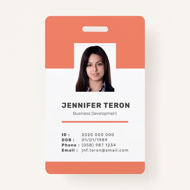 Crachá Cartão de Identificação de Funcionário Laranja Mod (Frente)
