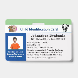 Crachá Cartão de Identificação Personalizado para Criança