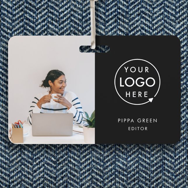 Crachá Cartão de Identificação Preto | Funcionário de Emp (Sleek black company branded staff ID badges for business events & employee identification.)