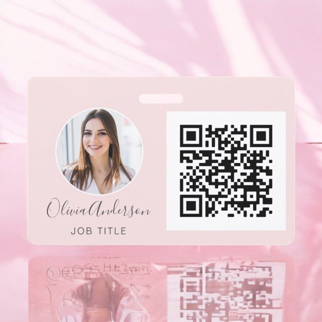 Crachá Cartão de Visita com Código QR Rosa Blush Foto (Criador carregado)