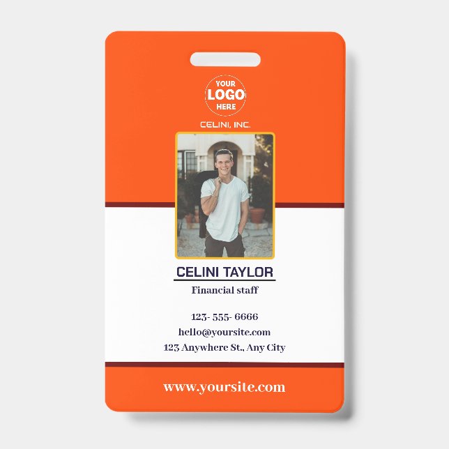 Crachá Cartão vermelho laranja moderno com foto e logotip (Frente)