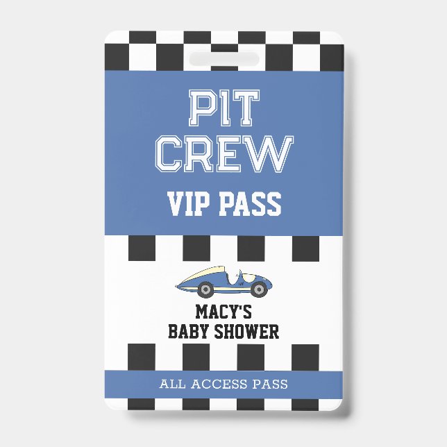Crachá Cartão VIP de Equipe de Pit Stop para Chá de Bebê  (Frente)
