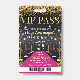Crachá Cartão VIP Rosa Hollywood Birthday Tapete Vermelho