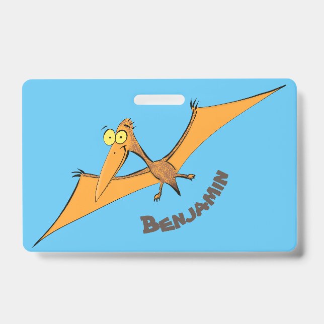 Crachá Cartoon voador de pterodátilo, cor de laranja giro (Frente)
