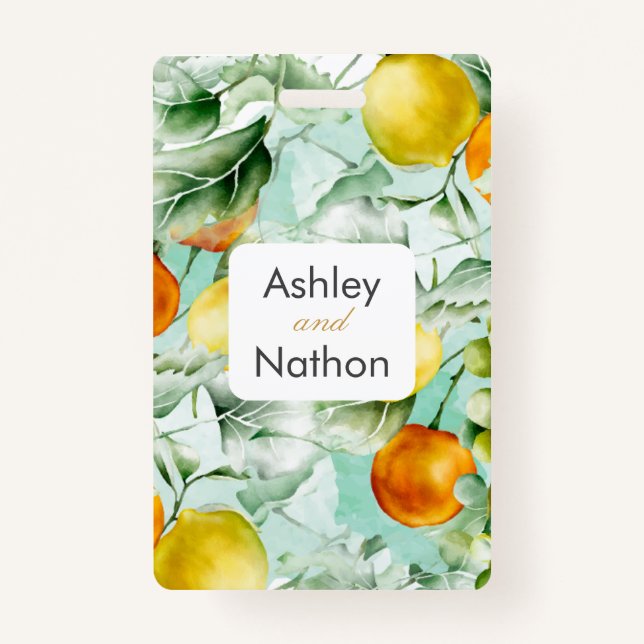 Crachá Casamento Elegante de cor d'água floral e Fruta (Frente)