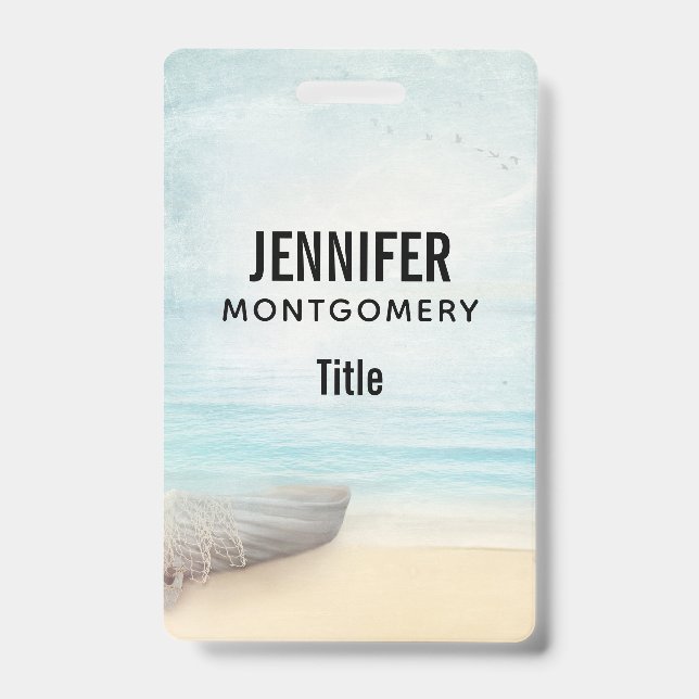 Crachá Cena de praia náutica com barco a remo e rede de p (Frente)