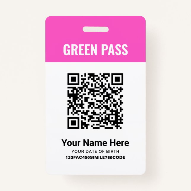 Crachá Certificado de Vacinação de Pass Verde PVC, rosa (Frente)