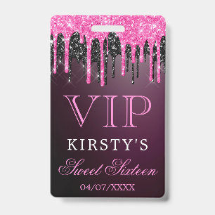 Crachá Chic Rosa Preto Brilhante Glitter Sweet Sixteen