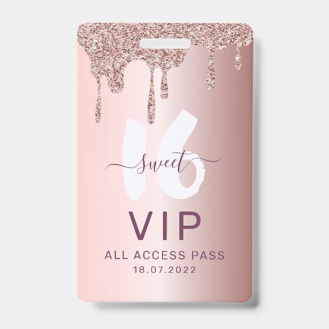 Crachá Chic Sweet 16 Glitter Rosa VIP Convite Aniversário (Frente)