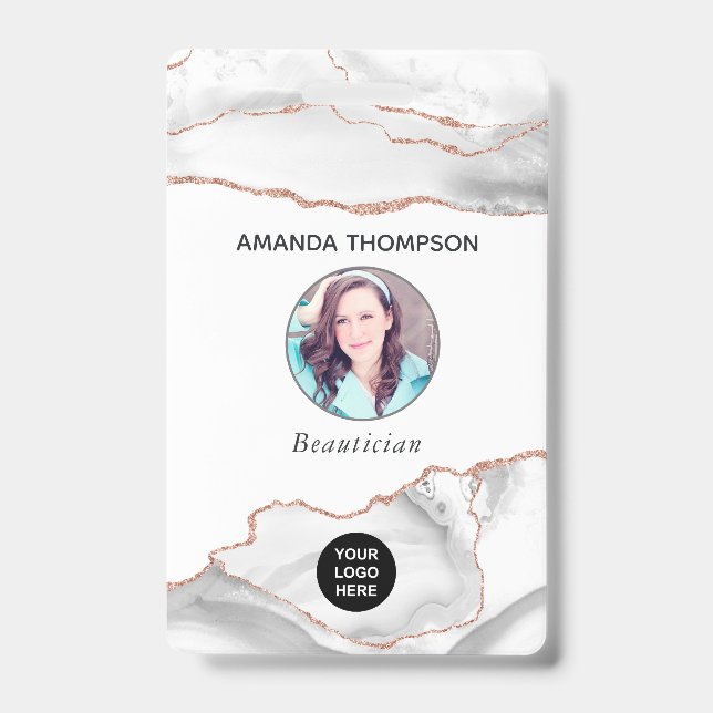 Crachá Chic Watercolor White e Rosa Dourado Agate Busines (Front)