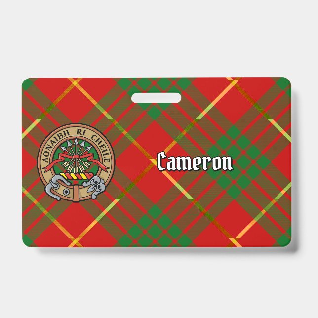 Crachá Clan Cameron Crest sobre Tartan (Frente)