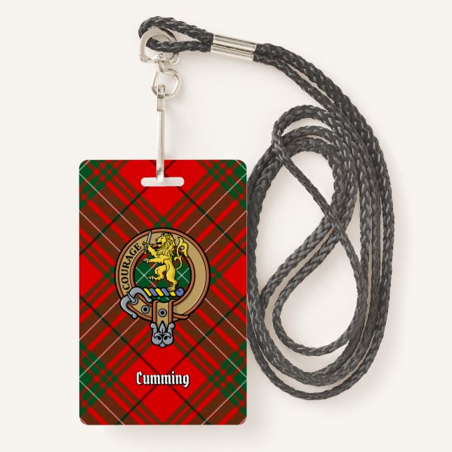 Crachá Clan Cumming Crest sobre Tartan (Frente com cordão)