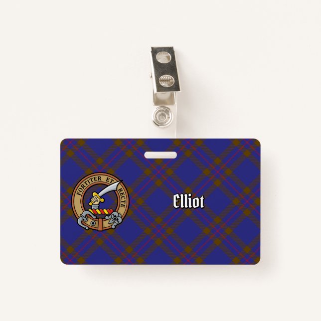 Crachá Clan Elliot Crest sobre Tartan Moderno (Frente com Clipe)