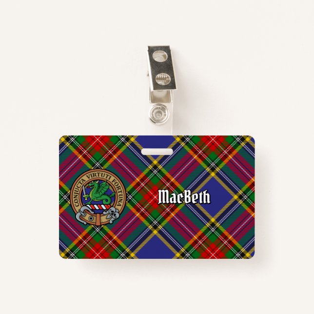 Crachá Clan MacBeth Crest sobre Tartan (Frente com Clipe)