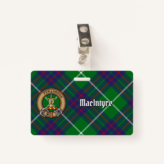 Crachá Clan MacIntyre Crest sobre Tartan (Frente com Clipe)
