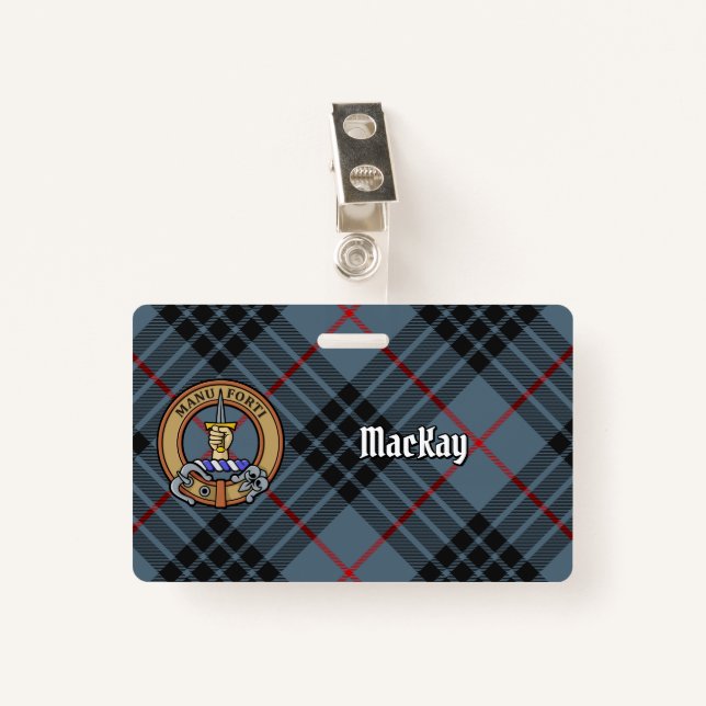 Crachá Clan MacKay Crest sobre Blue Tartan (Frente com Clipe)