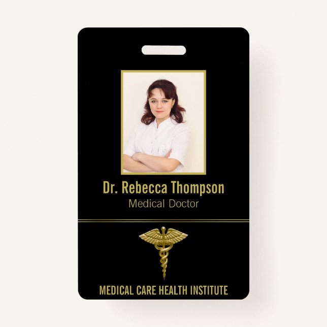 Crachá Classy Medical Dourado Caduceus no Black Photo ID (Frente)