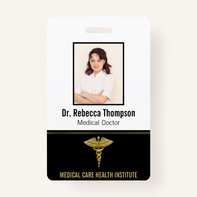 Crachá Classy Medical Dourado Caduceus no Black Photo ID (Frente)
