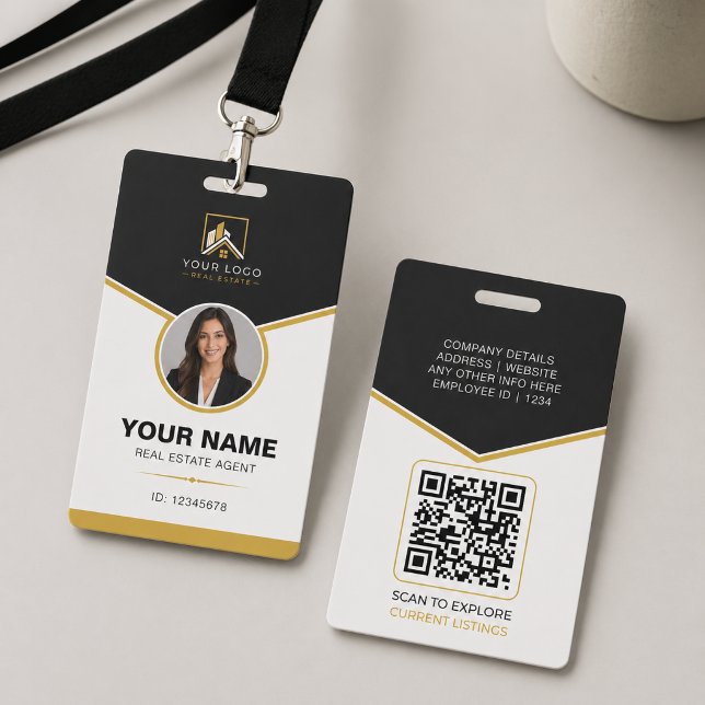 Crachá Código QR de ID de Imóveis Modernos de Ouro Preto  (Luxury Real Estate ID Badge with QR Code | Realtor Branding)